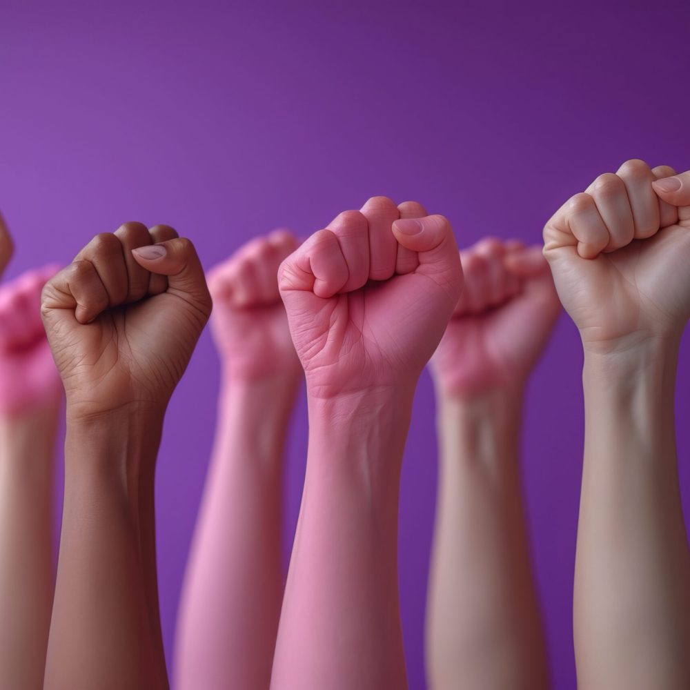 Create a 3D composition showcasing a powerful array of women's fists raised in unity, symbolizing strength and solidarity. Each fist should be unique, representing the diversity of women â€“ different skin tones, sizes, and with subtle individual characteristics like rings or painted nails, but all sharing a common resolve. These fists should be arranged in a dynamic and overlapping pattern, creating a sense of movement and collective power. The background should be a deep, rich violet, providing a striking contrast that emphasizes the fists. The lighting should be dramatic yet balanced, casting soft shadows to add depth and dimension to the scene, highlighting the contours and details of each fist. This image should evoke a feeling of empowerment and unity, resonating with the themes of International Women's Day --ar 3:2 --stylize 1000 --v 6 Job ID: 5780bd75-b68c-46ae-a9f3-379195ff5601